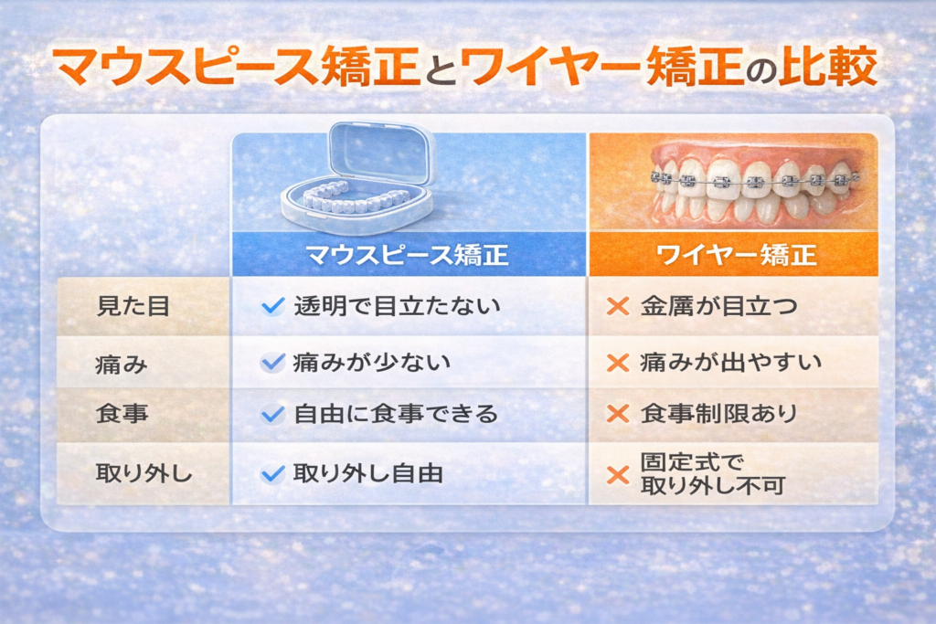 マウスピース矯正 ワイヤー矯正 比較表
